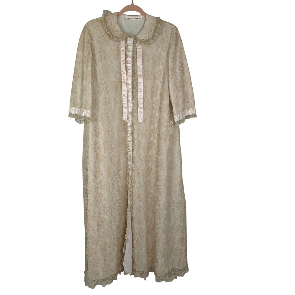 Vintage 60s Odette Barsa Lace Overlay Robe Dressing Gown Cream Pink S - M